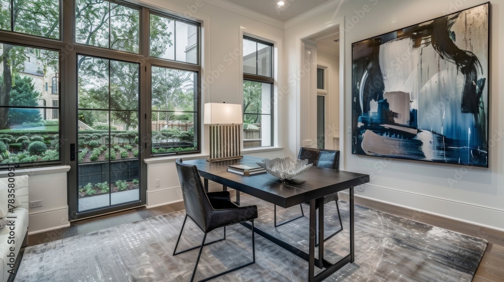 Poster a home office with a large matte abstract painting as the focal point of the room. the matte finish 