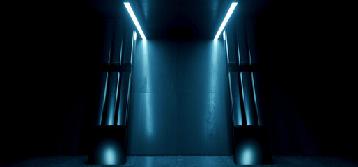 Sci Fi Cyber Futuristic Spaceship Tunnel Corridor Glowing Blue White Lights Metal Columns Showroom Warehouse Underground Cement Concrete Glossy Floor Background Realistic 3D Rendering