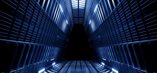 Sci Fi Futuristic Metal Steel Alien Spaceship Tunnel Hangar Structure Triangle Shaped Corridor Dark Realistic Glossy Basement Hyper Space Background Warehouse 3D Rendering - 783580016