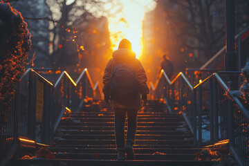A person walking up the stairs at sunrise, with their back to camera, carrying backpack and looking towards - obrazy, fototapety, plakaty