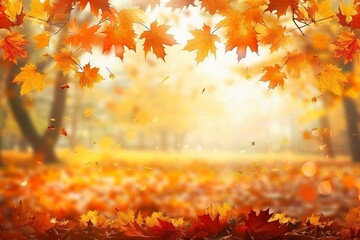 orange fall leaves in park, sunny autumn natural background. generative ai.