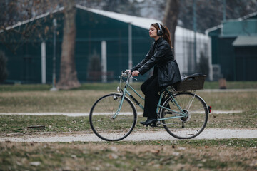 Confident and stylish young woman in business attire enjoys a bike ride in a tranquil outdoor environment.