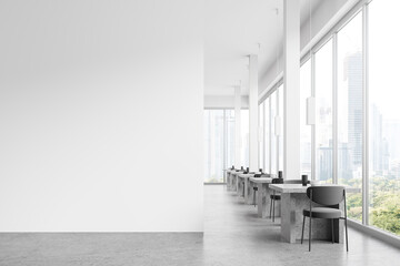White restaurant interior with seats and tables in row near window. Mockup wall - obrazy, fototapety, plakaty