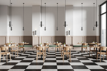 White and beige minimalistic checkered floor cafeteria interior with sofa and tables