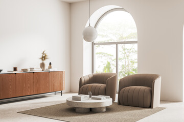 Modern living room interior with two armchairs and drawer, panoramic window