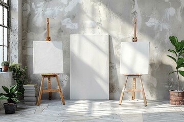Simplistic artist studio mockup, easel and canvases, flooded with light - obrazy, fototapety, plakaty