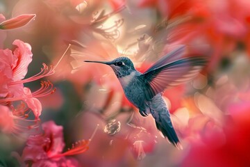Hummingbird motion, blur pattern, abstract tropical flowers
