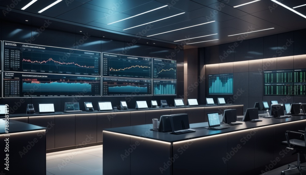 Poster sleek trading floor with multiple computer stations, large display screens showing market data, embo