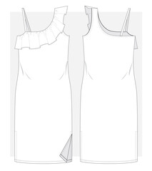 Asymmetrical dress with a frill on front and strap. Technical scketch.