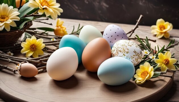 A collection of beautifully painted Easter eggs nestled among vibrant spring daffodils on a rustic wooden surface.. AI Generation