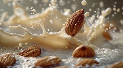 Fresh almond splash, a dive into milk, creamy dreams - obrazy, fototapety, plakaty