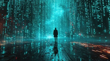 The picture of the single person that has been walking into the endless walkway that has been raining with the digital matrix green binary rain of code that seem like person search something. AIGX01.