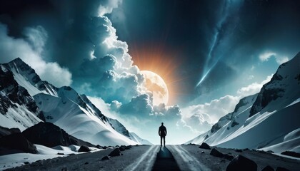 A lone explorer stands before a dramatic sunrise in a snowy mountain pass, invoking themes of adventure, solitude, and the majesty of nature.. AI Generation
