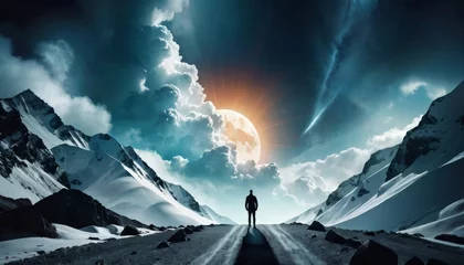 Fotobehang A lone explorer stands before a dramatic sunrise in a snowy mountain pass, invoking themes of adventure, solitude, and the majesty of nature.. AI Generation © Anastasiia