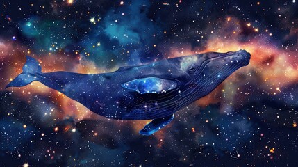 Obraz na płótnie Canvas Cosmic whale, stars and galaxies pattern, dreamy background