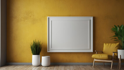 mockup frame on modern yellow room, 3D render style. illustration generative ai