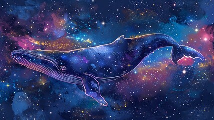 Obraz na płótnie Canvas Cosmic whale, stars and galaxies pattern, dreamy background
