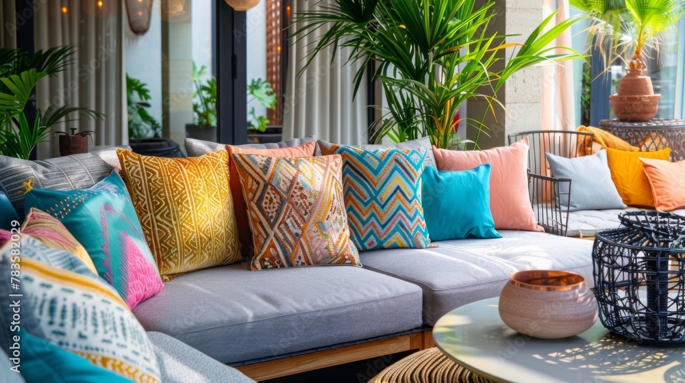 Poster a cozy seating area adorned with plush cushions in bright patterns and textures creating a playful a