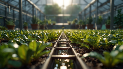 Young plants, sprouts growing in a greenhouse. Blurred nature background. Crop cultivation concept - obrazy, fototapety, plakaty