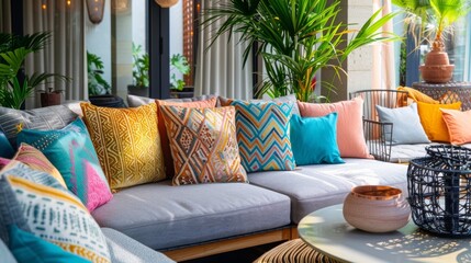 A cozy seating area adorned with plush cushions in bright patterns and textures creating a playful and inviting atmosphere. . - obrazy, fototapety, plakaty