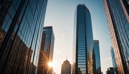 A warm sunrise gleams between high modern skyscrapers, reflecting the beginning of urban life. AI Generation - obrazy, fototapety, plakaty