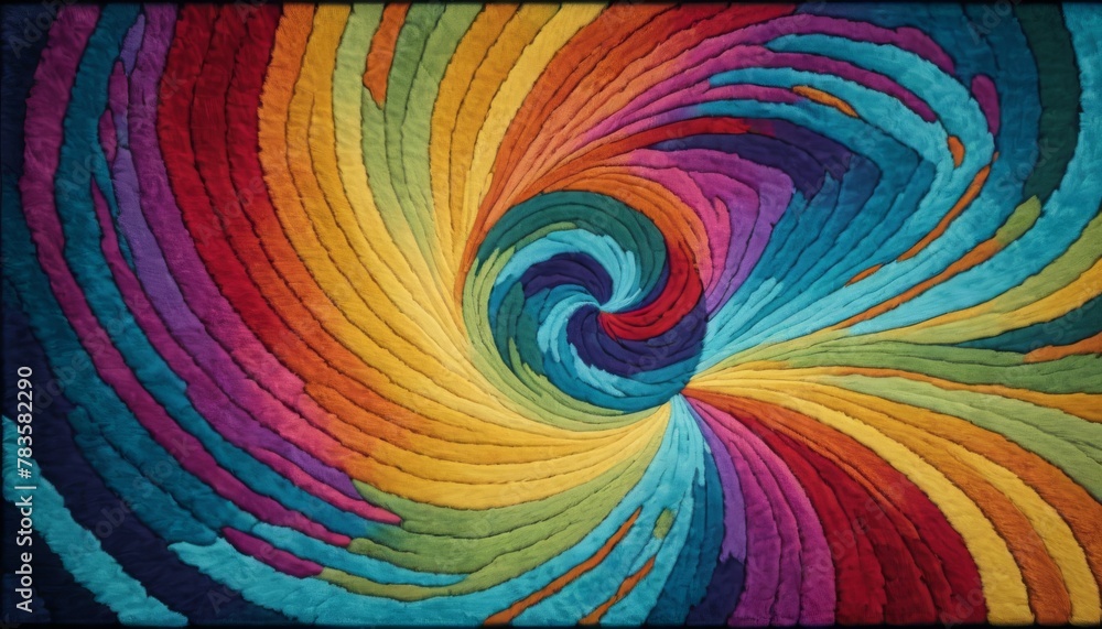 Poster a handmade quilt features a mesmerizing spiral pattern with a gradient of rainbow colors, showcasing