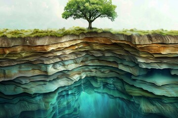 Schematic abstract cut geological structure of earth layers groundwater layer with minerals, alone tree - obrazy, fototapety, plakaty