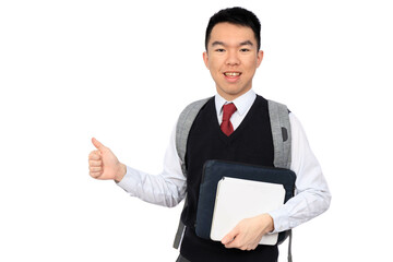 Portrait of high school student in uniform giving thumbs up