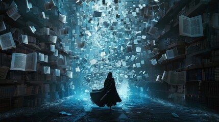 A mesmerizing scene unfolds as the word wizard weaves their linguistic magic surrounded by layers of floating words in various languages. With a flurry of movement the words begin .
