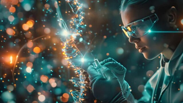 Medical innovation with a wide holographic banner showcasing scientists doing pharmaceutical research, medicine, and biotechnology to sequence DNA genomes to study blood cells and develop treatments f