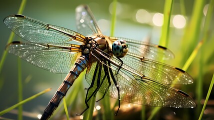 A macro shot of a dragonfly resting on a blade of grass, showcasing the intricate texture of its wings