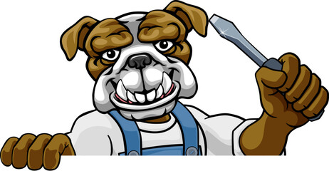 A bulldog electrician, handyman or mechanic holding a screwdriver and peeking round a sign