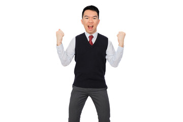 High school student in uniform fist pump isolated