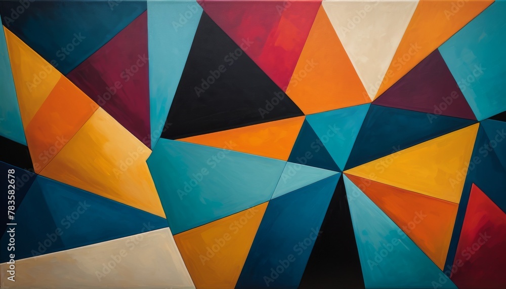 Poster a captivating abstract painting featuring a mosaic of triangles in a dynamic range of bold and paste