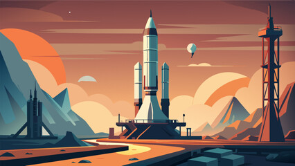 Amidst the quiet hum of machinery and distant chatter the launch pad stands as a symbol of human ingenuity and perseverance. Its sleek angular - obrazy, fototapety, plakaty