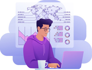 Man, business person student on laptop remote home working writing analysing website internet document infographic stats. Cartoon data analysis, financial stock market trading report finance concept.