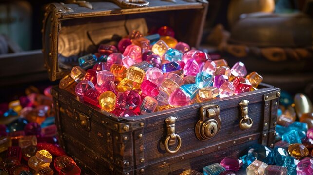 A treasure chest overflowing with rainbow jewels of hard candy