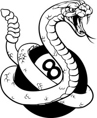 A rattlesnake snake angry mean pool billiards mascot cartoon character holding a black 8 ball.