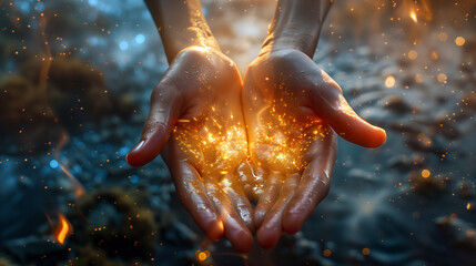 Hands Cradling a Burst of Cosmic Light, Essence of Life and Creation