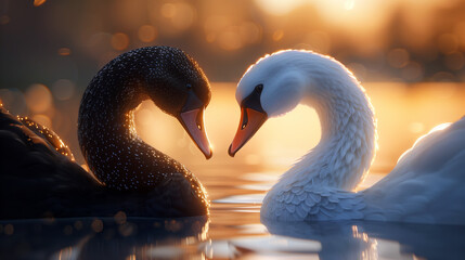 Black and White Swan Couple in Serene Sunset, Symbol of Love and Harmony - obrazy, fototapety, plakaty