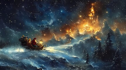 A magical Merry Christmas background with a starry sky, a sleigh filled with gifts, and Santa Claus flying over a snowy mountain range
