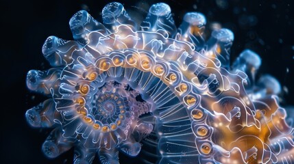 A closer look at a single plankton organism shows an intricate spiral pattern with each curve and detail adding to its overall beauty.