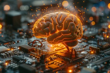 Artificial intelligence data mining, deep learning modern computer technologies. Futuristic Cyber Technology Innovation. Brain representing artificial intelligence with printed circuit board - obrazy, fototapety, plakaty