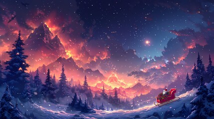 A magical Merry Christmas background with a starry sky, a sleigh filled with gifts, and Santa Claus flying over a snowy mountain range - obrazy, fototapety, plakaty