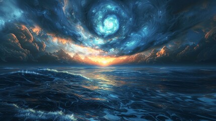 Ether Eclipse reflections shimmer on Sapphire Swirl oceans - obrazy, fototapety, plakaty