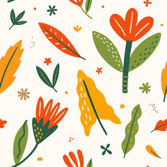 Seamless floral pattern on a light background. Decorative leaves, fantastic flowers and buds. Botanical decorative tracery. Vector illustration in flat style.