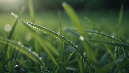 Close up of dewcovered grass, glistening with moisture on terrestrial plant