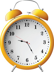 Ringing alarm clock 3D realistic render vector illustration isolated on blue background. Alarm clock volumetric button 3D icon, reminder and deadline notice symbol.