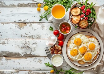 A rustic breakfast setting featuring sunny-side-up eggs, pancakes, and fresh produce, ready for a hearty morning feast.
