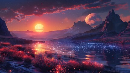 sunset over the river on A distant planet with bioluminescent flora and mysterious extraterrestrial...